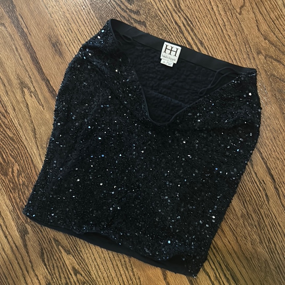 🖤 Haute Hippie 🖤 Black Hand Embellished Crepe Low-rise Mini Pencil Skirt